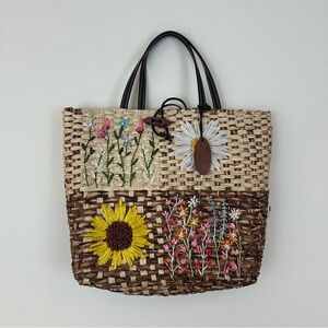 August Floral Embroidered Straw Tote Bag